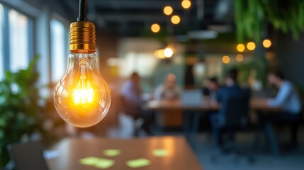 Glowing light bulb illuminates modern office space during a collaborative meeting in the evening hours