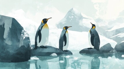 Fototapeta premium Three penguins standing on rocks near icy waters and mountains in a serene landscape.