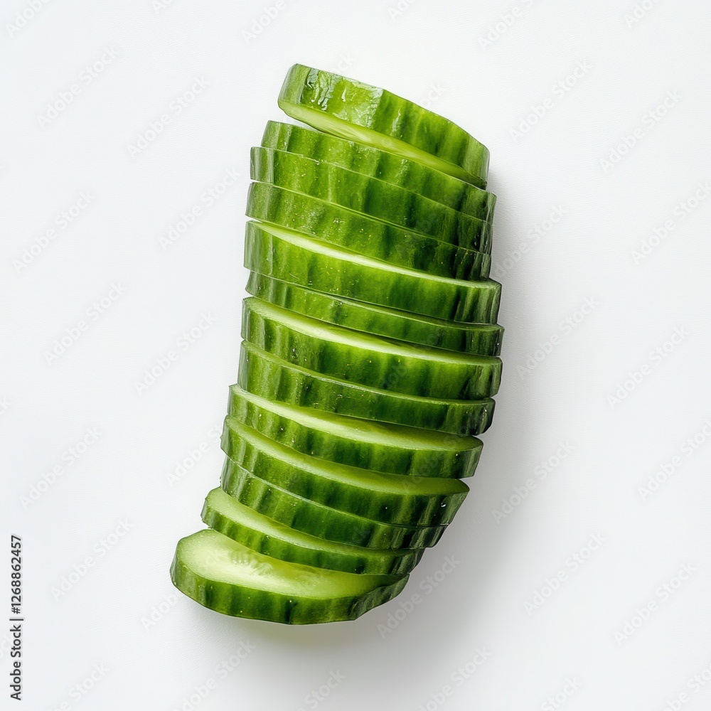 Poster freshly sliced green cucumber coins arranged neatly on a white background for culinary presentation 