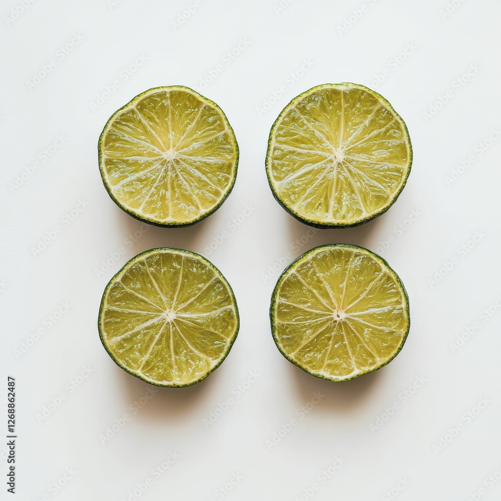 Poster Fresh green limes cut into quarters display vibrant color and texture on a plain background