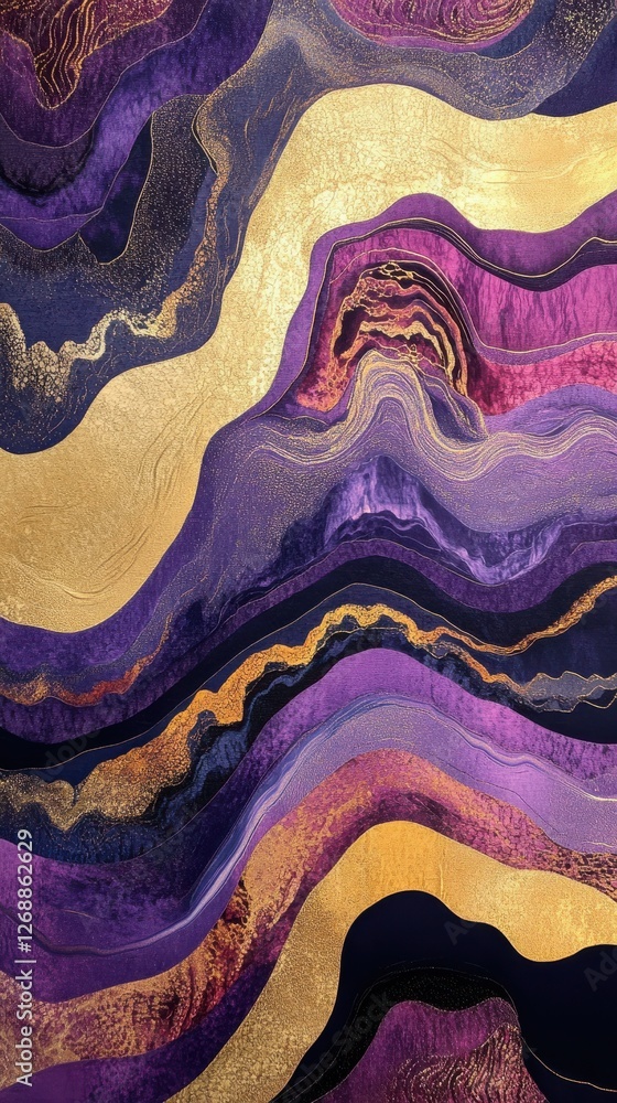 Poster flowing wave design in deep purple and gold creating a captivating visual experience for art lovers 