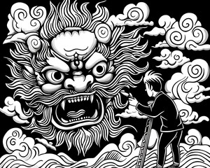 Man Confronts Mythical Creature in Dramatic Black and White Artwork