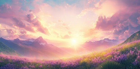 Scenic mountain landscape with a field of purple wildflowers