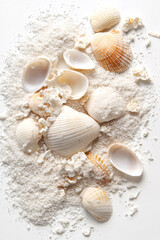white and brown seashells on white sandy beach background  with copy space  for summer vacation or tropical theme design