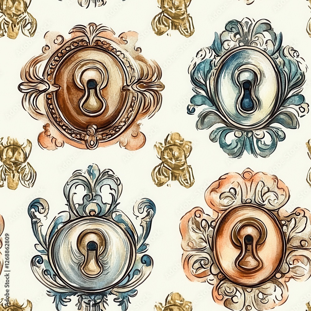 Poster unique watercolor doodle of ornate keyholes with a vintage flair in a repeating pattern design