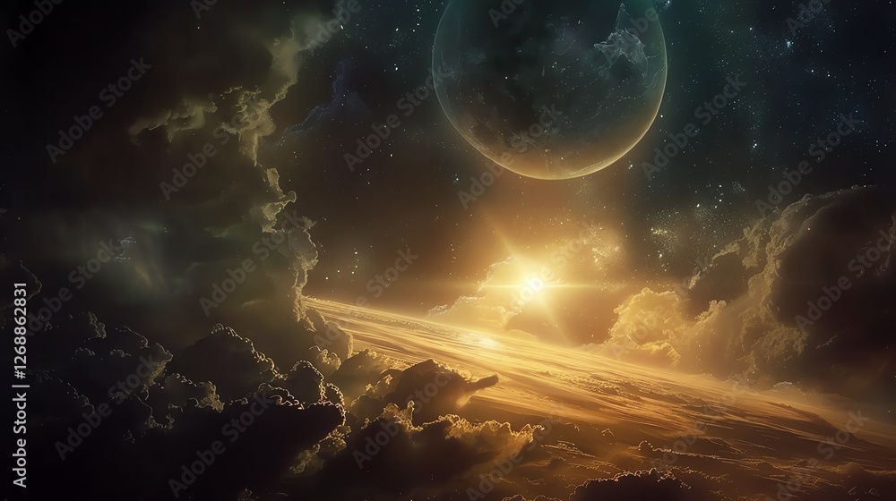 Poster the image is a beautiful depiction of a planet with a glowing atmosphere. the planet is surrounded b