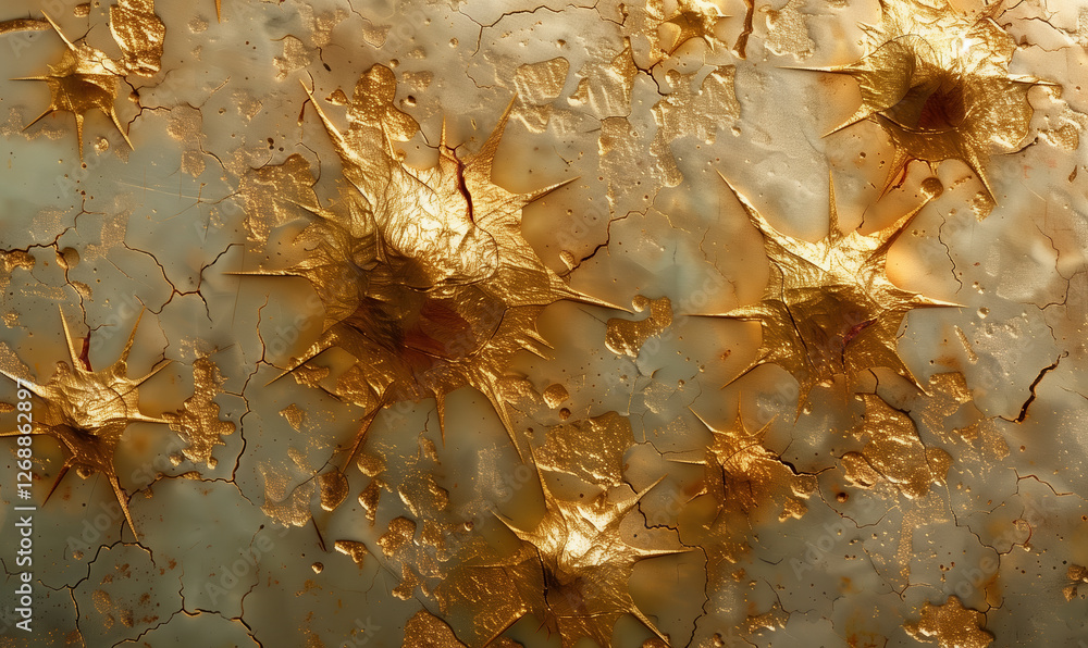 Poster a detailed golden textured surface featuring intricate spikes and abstract patterns, illuminated in 