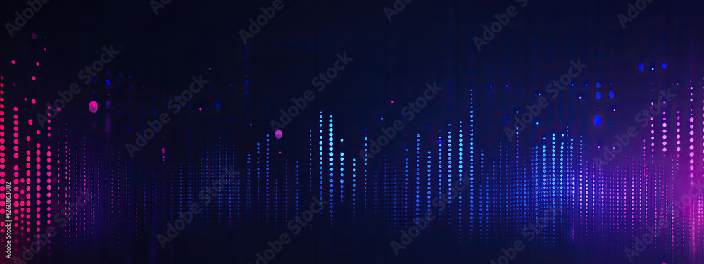 Poster abstract digital data visualization with pink and blue glowing dots representing audio waves or a si
