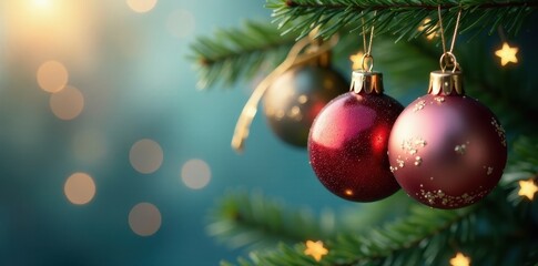 Obraz premium Glass baubles hanging on a Christmas tree branch , shining, winter