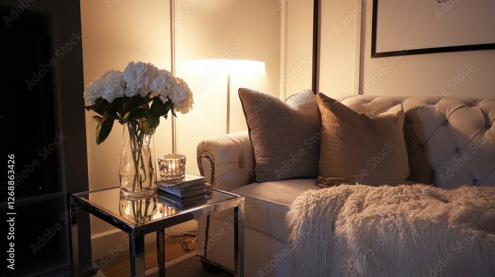 Poster cozy nook with soft lighting and a mirrored side table, perfect for relaxation and unwinding at home