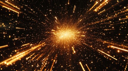 Fototapeta premium Golden light streaks and particles explode from central point in dark space, creating a sense of motion and energy.
