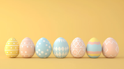 Fototapeta premium Colorful Easter Eggs with pastel patterns on a yellow background