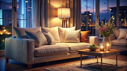 Cozy White Sofa with Pillows - Nighttime Living Room Interior
