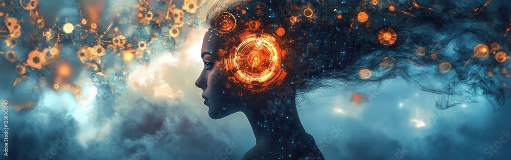 Poster conceptual visualization of a woman's mind with abstract gears and elements representing thoughts an