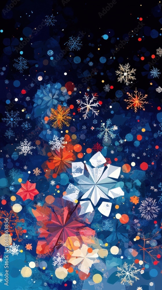 Poster Colorful snowflake patterns are scattered across a dark blue background