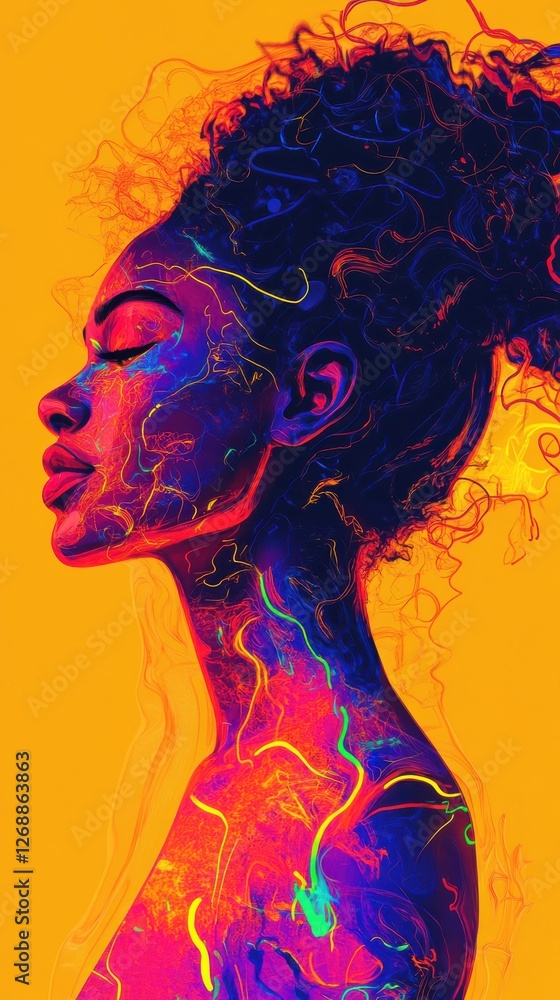 Poster glowing woman in vibrant colors with abstract patterns against a bright background