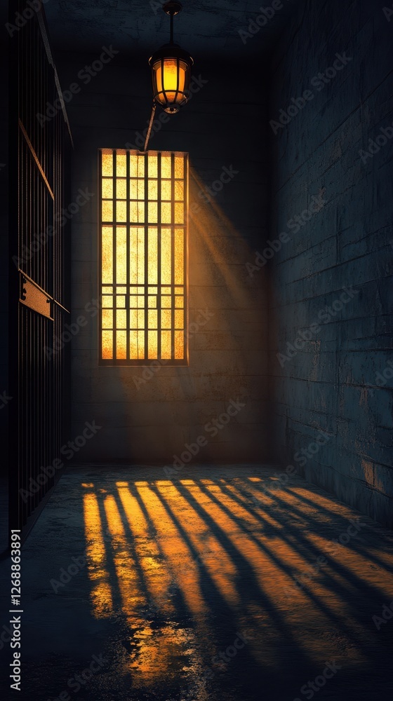 Poster light streams through the bars of a prison window