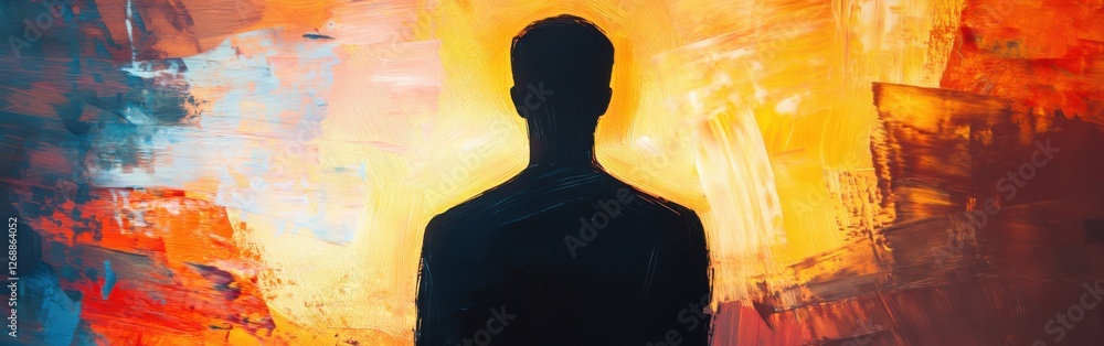 Poster man glowing in a vibrant abstract background under soft illumination at dusk in a creative atmospher