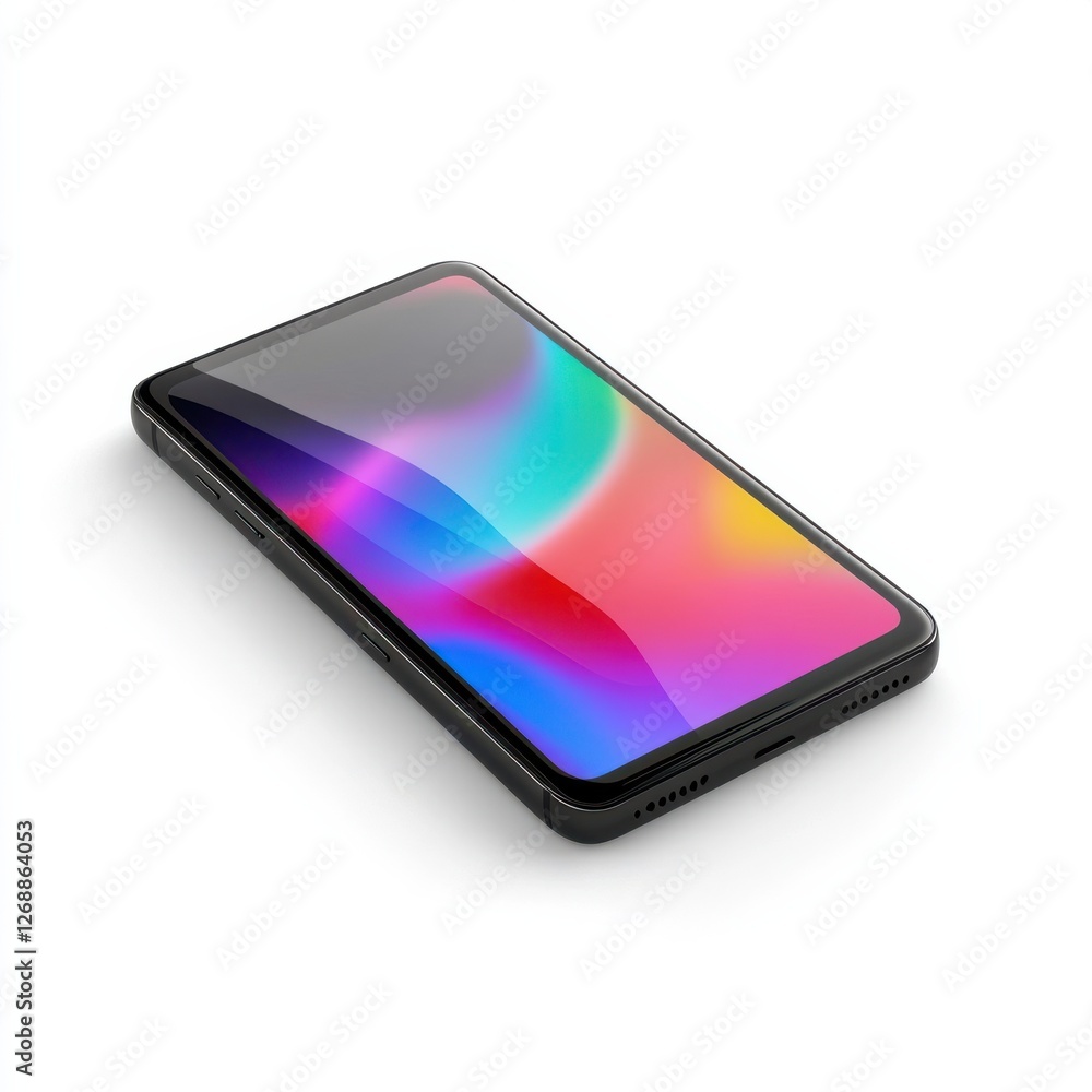 Poster Compact black smartphone with glowing screen displaying vibrant colors on a plain background
