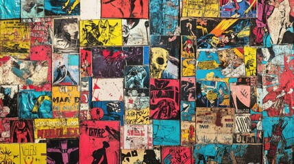 Dynamic Pop Art Collage of Vintage Comic Panels, Colorful Designs, Graphic Art, White Background, Bold Patterns