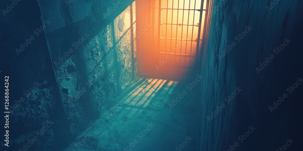 Poster sunlight streams through barred window into a cold prison cell