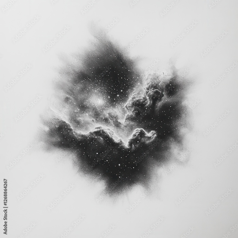 Poster cluster of stars forms nebula in intricate charcoal drawing showcasing cosmic beauty and depth