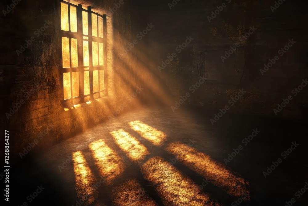 Poster sunlight streams through barred window into a darkened room