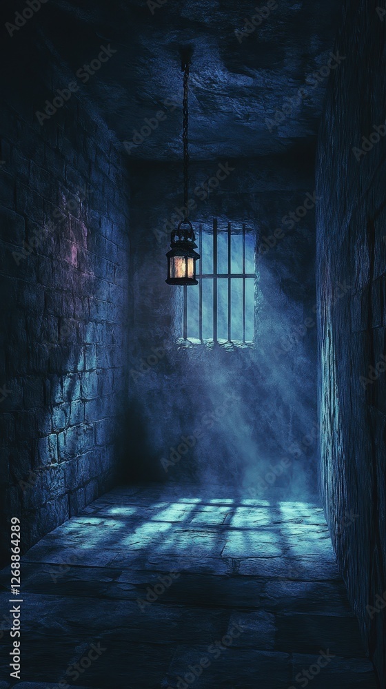 Poster light streams through barred window into dark stone cell