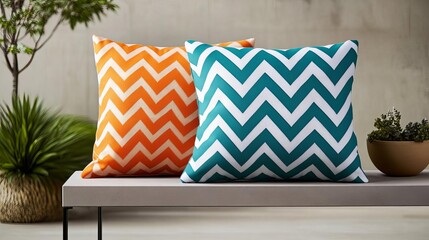 Chevron-patterned outdoor pillows in vibrant teal and orange, styled on a modern patio bench