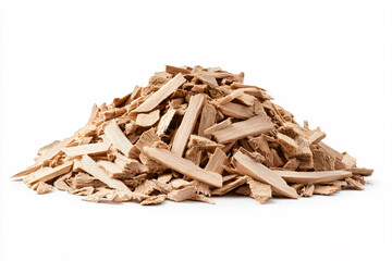 pile of light brown wooden woodchips isolated on white background