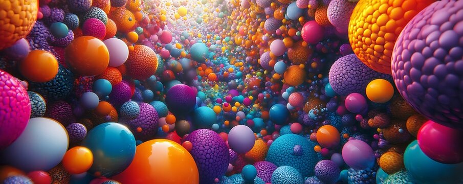 A vibrant abstract image showcasing an explosion of colorful spheres and shapes, creating a sense of depth and movement. Ideal for design projects and digital art inspiration.