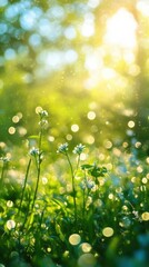 Fototapeta premium Bright gradient of lime green light filters through a vibrant garden during early morning hours