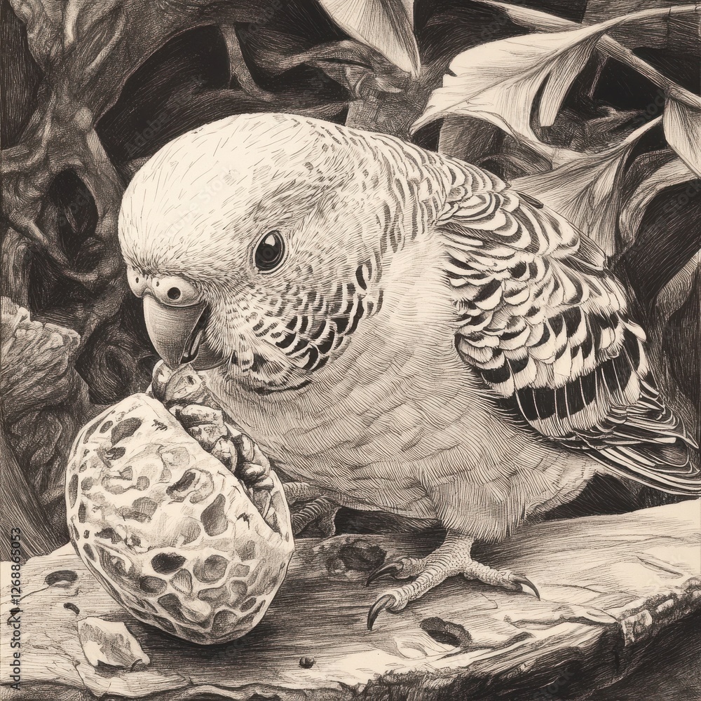 Aufkleber Budgerigar enjoying a tasty piece of fruit while perched on a branch in a serene natural setting