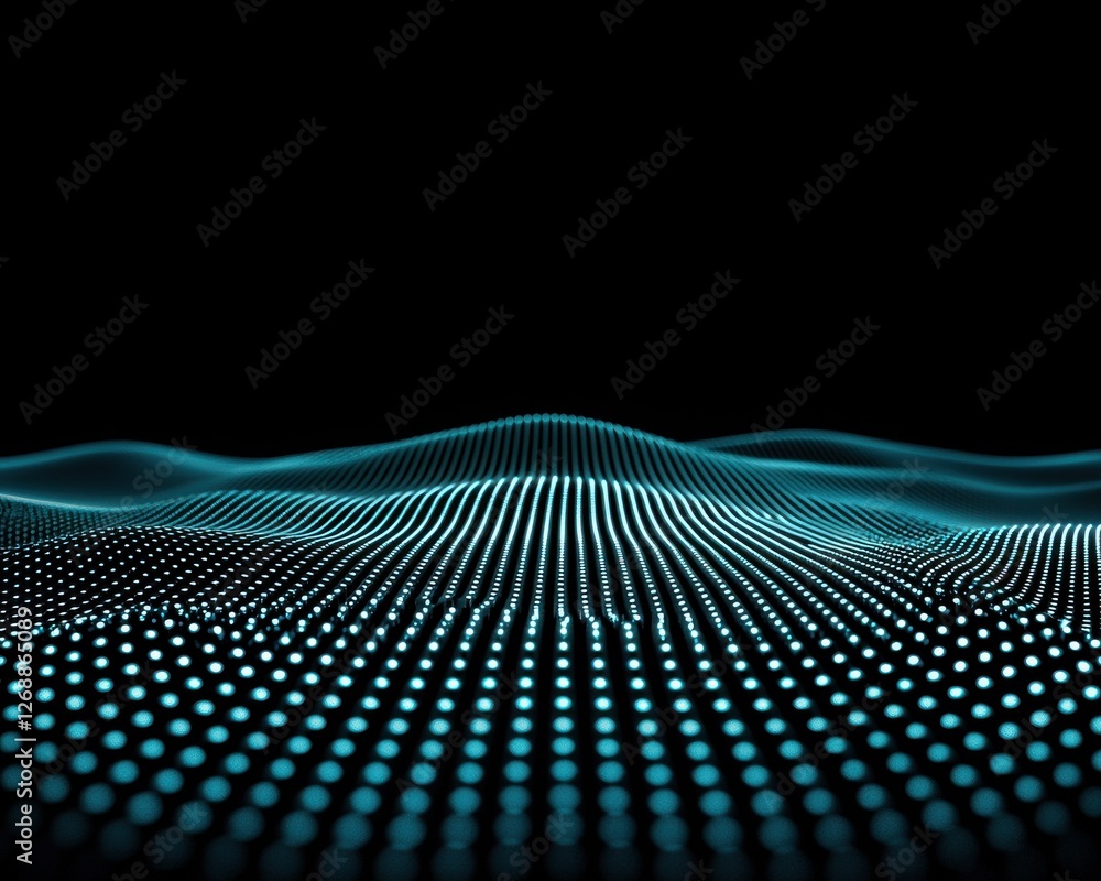 Poster a vibrant, abstract representation of waves made up of glowing dots, creating a sense of depth again