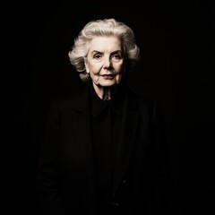 Fototapeta premium A dignified elderly woman with gray hair stands confidently against a dark background, exuding wisdom and strength.