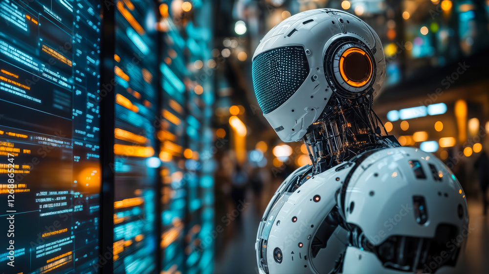 Poster ai-powered robot analyzing data on digital screen in modern business environment for enhanced conten