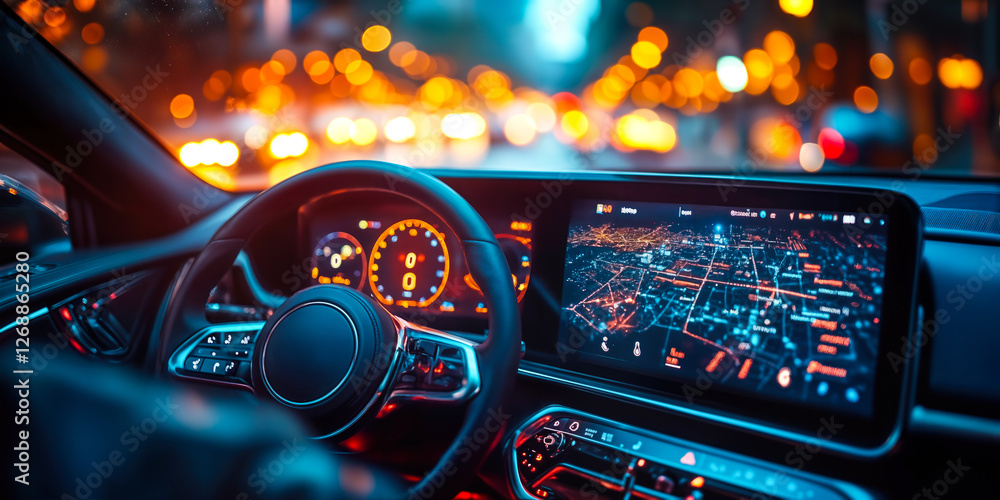 Poster innovative in-car technology interface showcasing advanced interactive navigation system in modern v