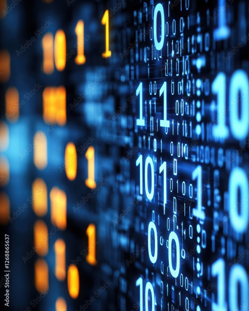 Poster a vibrant digital representation of binary code, showcasing a mix of blue and orange tones, emphasiz