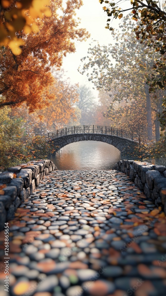 Poster cobblestone pathway leading to a charming bridge surrounded by autumn foliage in a serene landscape