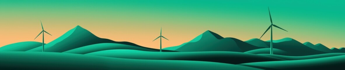 Green Landscape with Wind Turbines and Rolling Hills at Sunset