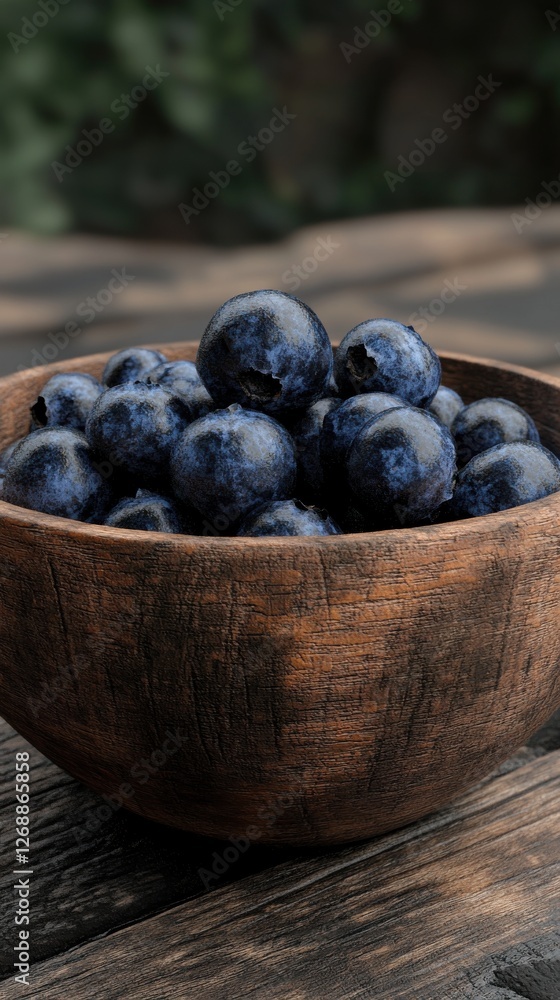 Poster close-up view of fresh blueberries in a rustic wooden bowl on a natural surface with a soft focus ba