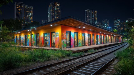 Fototapeta premium Night view of colorful building beside train tracks and city skyline.