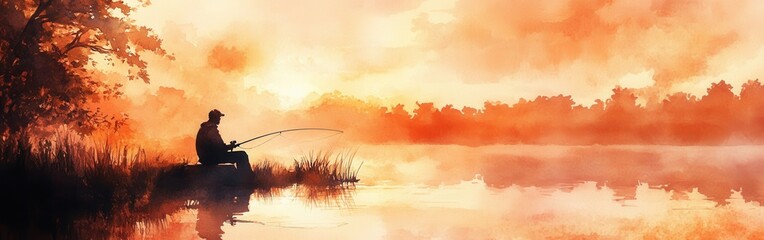 Serene fishing spot at sunset with warm watercolor hues and a lone angler