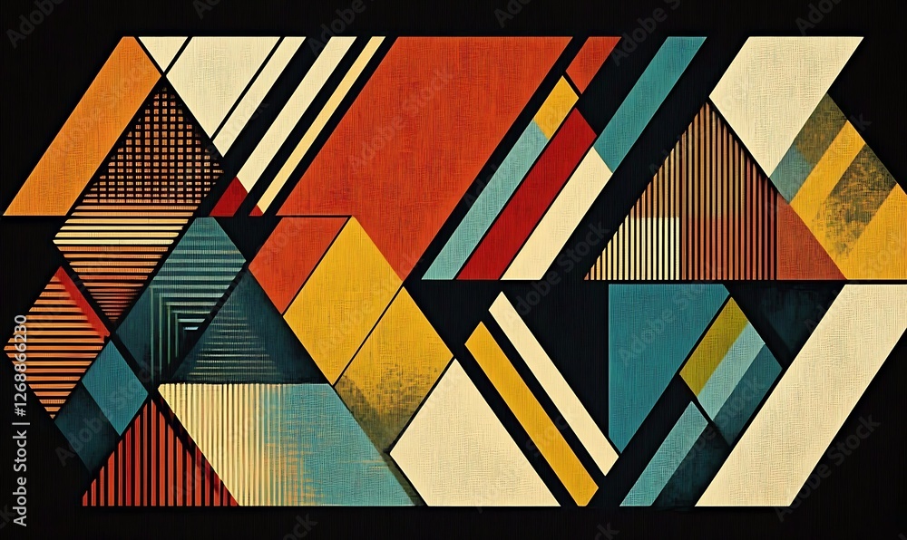 Poster abstract geometric pattern featuring various colored triangles and stripes. a seamless pattern that 
