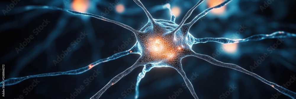 Poster exploring the intricate structure of a neuron with glowing synapses in a dark background. generative