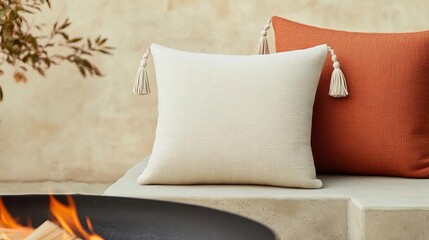 Cozy outdoor pillows with tassels in earthy shades of terracotta and beige, styled near a firepit