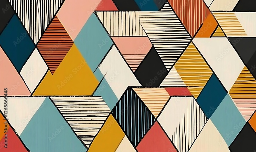 Poster abstract geometric pattern featuring various colored triangles and stripes. a seamless pattern that 