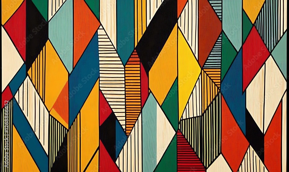 Poster abstract geometric pattern featuring various colored triangles and stripes. a seamless pattern that 