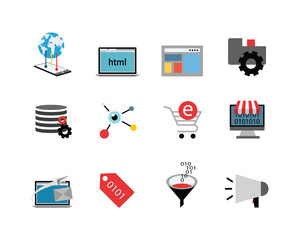 tablet with globe, Html Colored Vector Illustration, Web Layout Icon, File Settings Icon, Database Icon, Chemical bonding connecting network, e Shopping cart, Binary, mail, Tag, Filter, megaphone icon