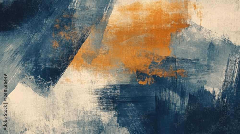 Poster soft pencil strokes create a semi-transparent abstract composition with deep blues and vibrant orang